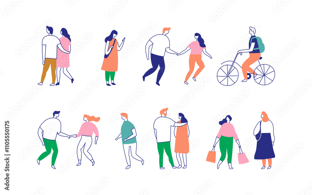 Fototapeta premium Line art stylized city people bundle isolated on white background