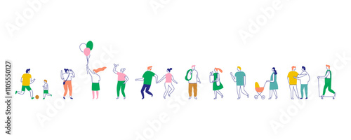 Line Art Different People Stylized Silhouette Vector Banner. Male and Female Outline Characters figure Isolated on white background.	