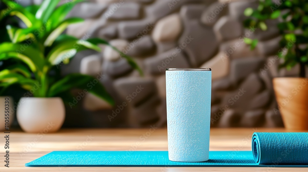 Naklejka premium Tumbler stainless steel. A tranquil yoga setup featuring a turquoise mat, a textured water bottle, and lush greenery against a stone wall backdrop.