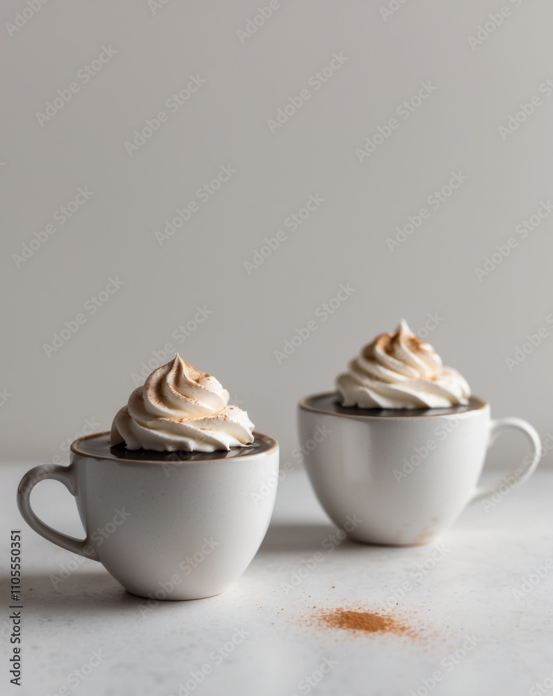 Two cups of coffee with whipped cream and cinnamon. Two cups of coffee with whipped cream and cinnamon.