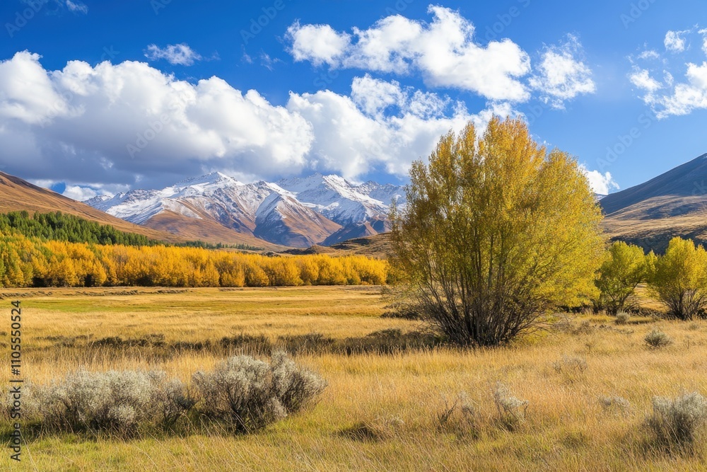 Stunning autumn landscape with mountains, vibrant trees, and blue skies in the background Stunning autumn landscape with mountains, vibrant trees, and blue skies in the background