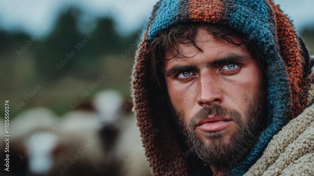 Joseph wearing a robe of many colors with flock of sheep in the background. Joseph's robe, the envy of his brothers. Joseph wearing a robe of many colors with flock of sheep in the background. Joseph's robe, the envy of his brothers.