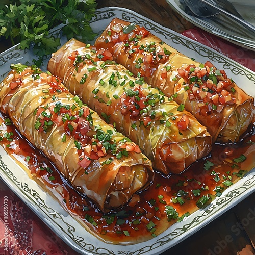 Delicious Stuffed Cabbage Rolls in Rich Tomato Sauce, Garnished with Fresh Herbs. photo