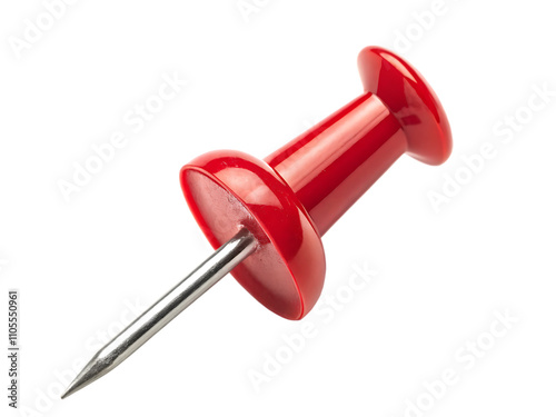 A close-up of a single bright red push pin with a metallic needle, isolated on a white background.AI GENERATED photo