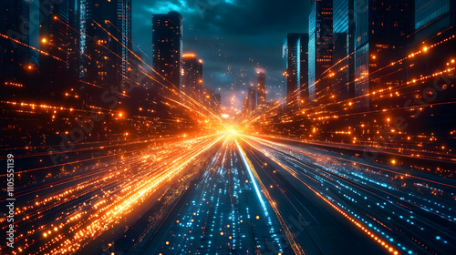 Cityscape s Digital Streams  Futuristic Urban Light Trails at Night