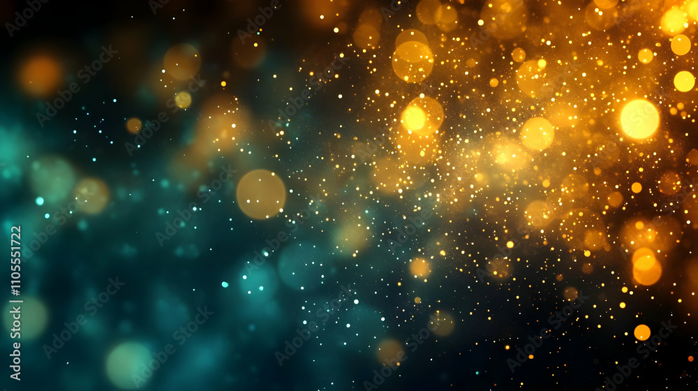 Obraz premium Glimmering Lights Dance in Teal and Gold Abstract Background
