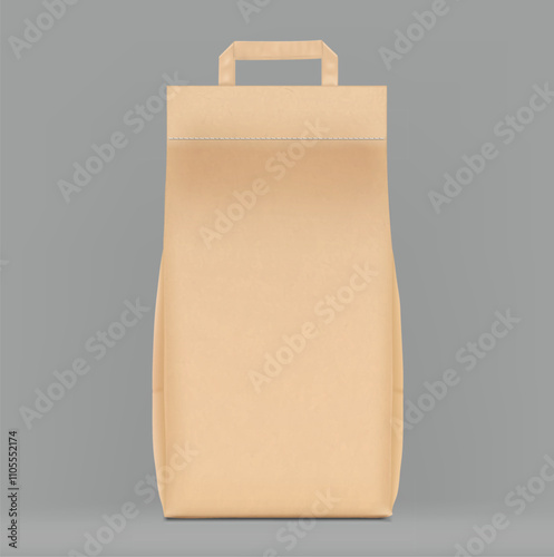 Paper Kraft stitched packaging bag with handle mockup. Front view. Vector illustration isolated on grey background. Ready for use in presentation, promo, advertising and more. EPS10.