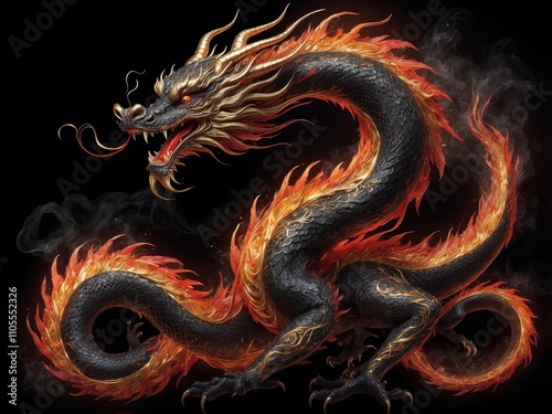 Fiery black dragon with gold accents, swirling smoke, isolated on black background. photo