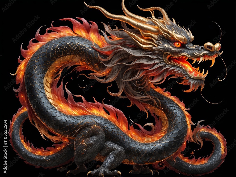 Fiery black dragon with gold accents, roaring. Fiery black dragon with gold accents, roaring.