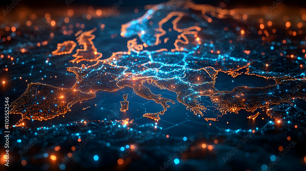 Fototapeta premium Europe's Digital Network: Connecting Cities, Illuminating Progress