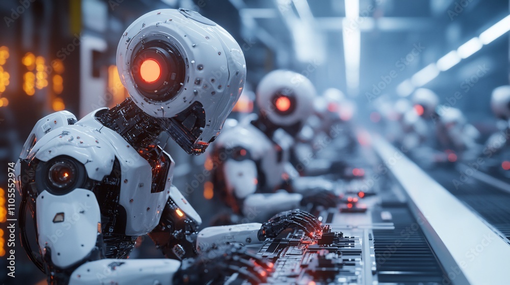 Fototapeta premium Robots playing keyboards in futuristic factory.