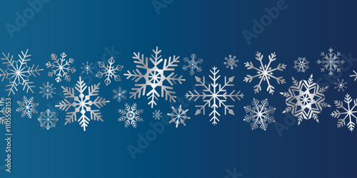 Seamless border of silver snowflakes on a blue background. Vector.