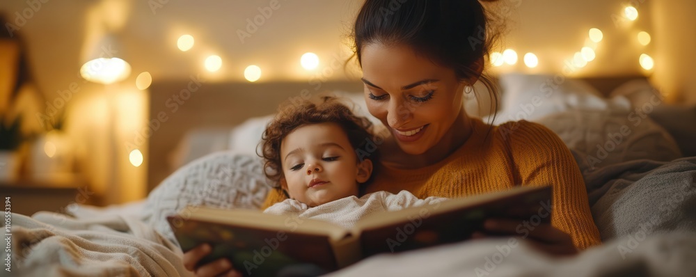 A mother animatedly reading a fairytale book, child tucked in bed, warm ambient light, magical and serene moment, bedtime story mother, imaginative family connection A mother animatedly reading a fairytale book, child tucked in bed, warm ambient light, magical and serene moment, bedtime story mother, imaginative family connection