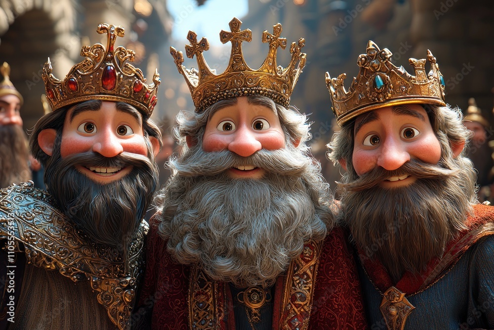 Three cheerful animated kings with golden crowns and white beards in a whimsical royal setting Generative AI Three cheerful animated kings with golden crowns and white beards in a whimsical royal setting Generative AI