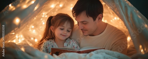 Father and daughter in pajamas, sharing a bedtime story under a glowing blanket fort, soft fairy lights, dreamy atmosphere, bedtime story father, happy family time photo