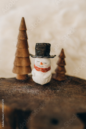 Retro style cotton wool toy Christmas snowman, handmade photo