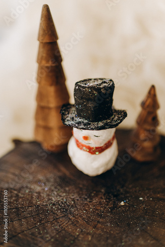 Retro style cotton wool toy Christmas snowman, handmade photo