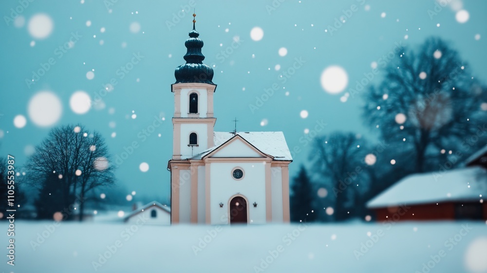 A serene winter scene featuring a quaint church surrounded by snow and trees, evoking a peaceful, festive atmosphere. A serene winter scene featuring a quaint church surrounded by snow and trees, evoking a peaceful, festive atmosphere.