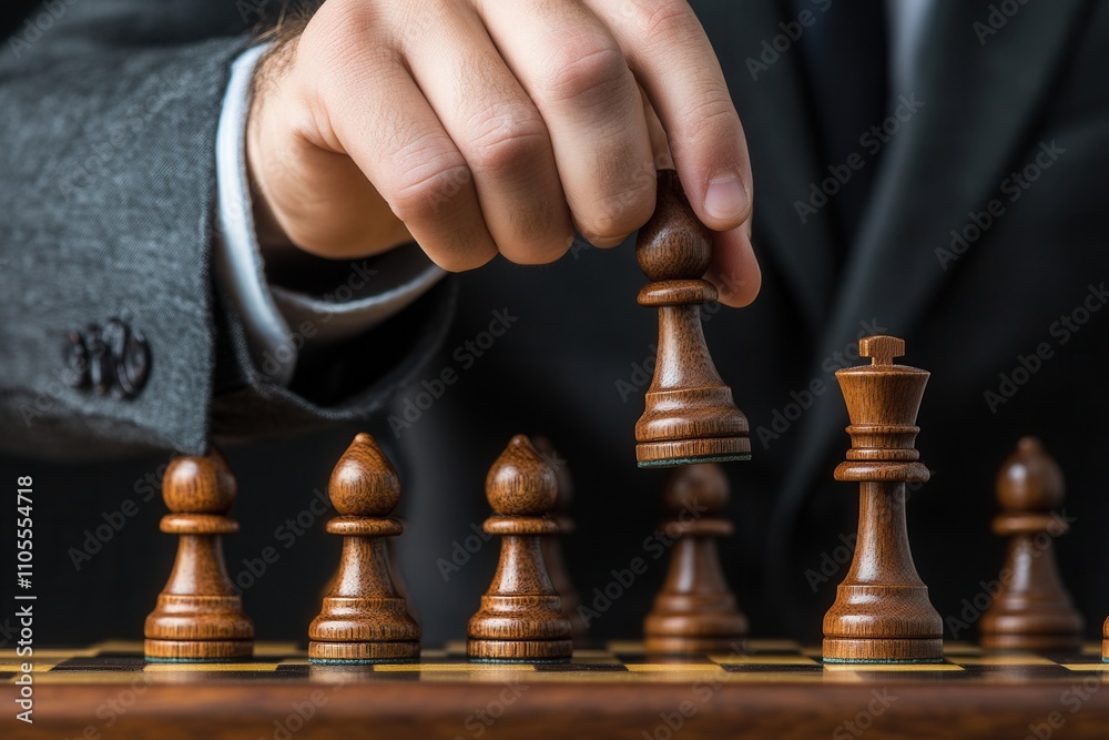 Businessman playing chess, moving pawn and planning strategy Businessman playing chess, moving pawn and planning strategy