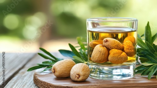 A glass of liqueur with dried fruit, garnished with herbs, on a wooden board outdoors. photo