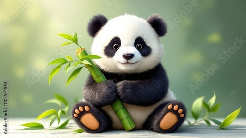 A cuddly panda, clutching bamboo.
