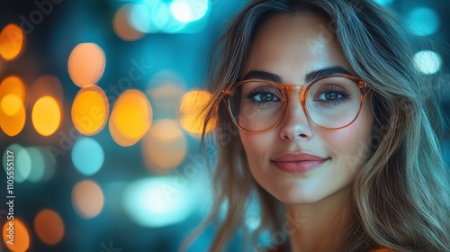 Captivating Portrait of a Young Woman with Glasses Against a Vibrant Bokeh Background Highlighting Warm Tones and Soft Light Effects in an Urban Setting