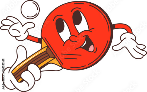 Cartoon retro groovy table tennis racket and ball character with arms and smiling face, showing a playful expression. Isolated vector ping pong paddle personage is in the middle of a table tennis game