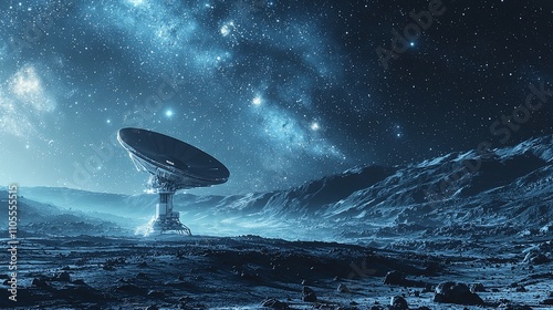 Futuristic radio telescope on a desolate alien planet under a starry night sky. photo