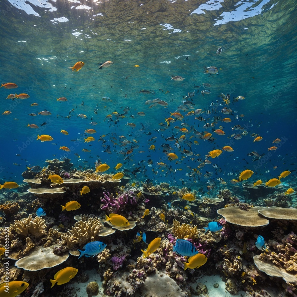 A vibrant coral reef just below the surface, with schools of colorful fish darting through the water.
A vibrant coral reef just below the surface, with schools of colorful fish darting through the water.