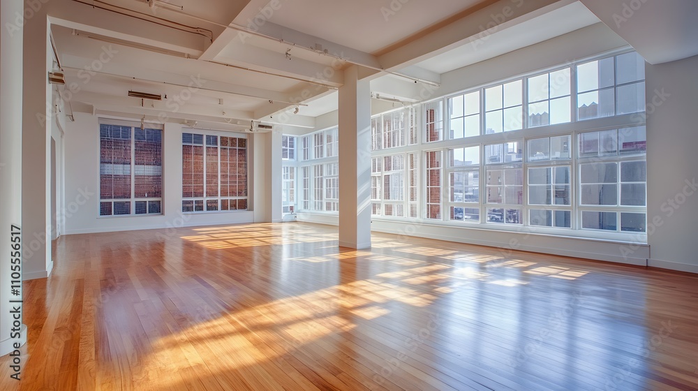 Fototapeta premium 19. A spacious and airy loft apartment with large windows, allowing room for text in the center