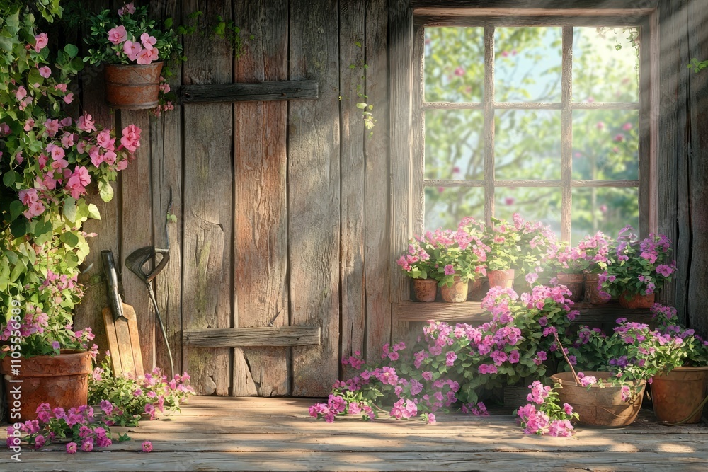 Fototapeta premium Rustic Wooden Shed Porch With Pink Flowers In Pots