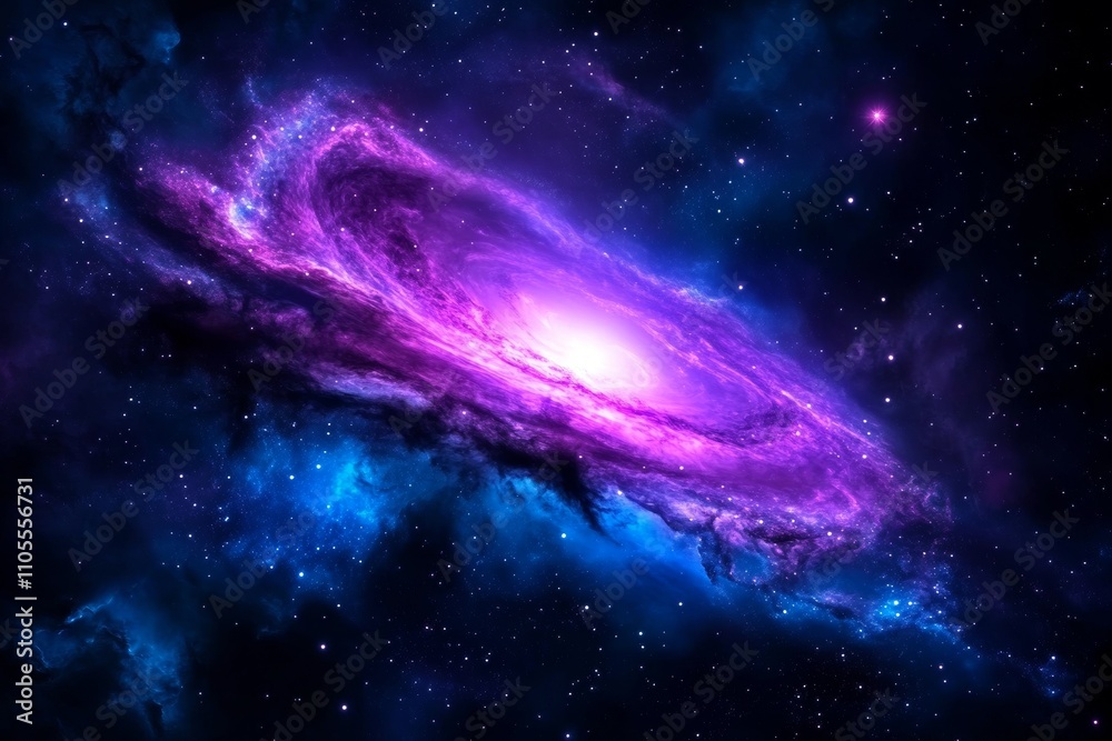 Fototapeta premium Vibrant Purple and Blue Spiral Galaxy with Bright Core and Cosmic Dust in Deep Space