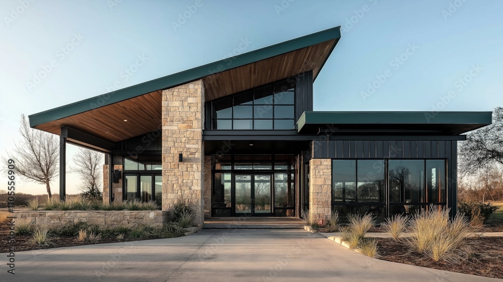 Modern single-story building with sloped roof, large windows, and stone facade set against clear sky and landscaped surroundings. Modern single-story building with sloped roof, large windows, and stone facade set against clear sky and landscaped surroundings.