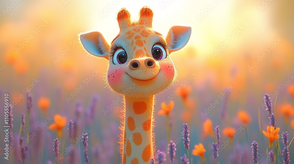 Shy Cartoon Giraffe with Rosy Cheeks and Half Closed Eyes on Lavender Background Shy Cartoon Giraffe with Rosy Cheeks and Half Closed Eyes on Lavender Background