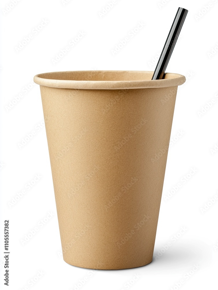 Empty brown paper cup, mug for cold drink with black straw. paper cup ...
