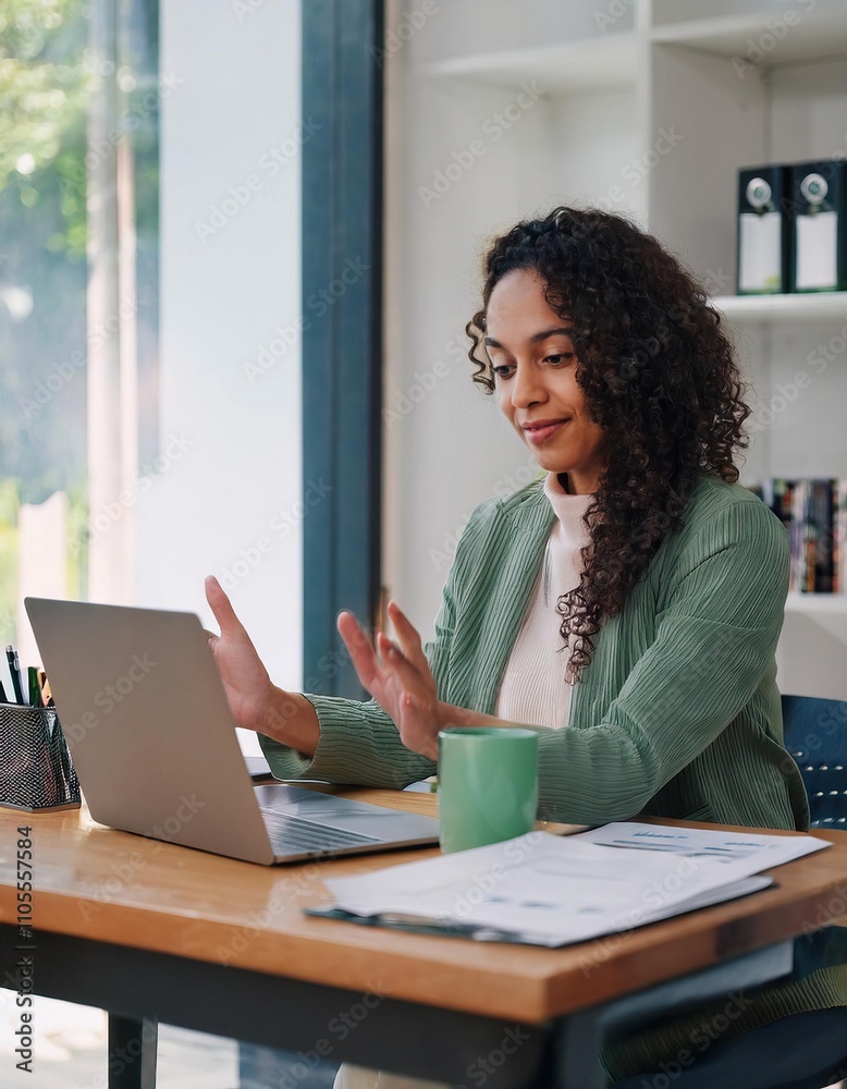 Remote hybrid work and telecommuting setup with businesswoman on laptop in a home office for virtual team collaboration Remote hybrid work and telecommuting setup with businesswoman on laptop in a home office for virtual team collaboration