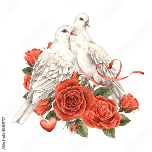 White doves sit in a bouquet of red roses and are intertwined with a silk ribbon, the composition symbolizes love. Watercolor illustration for postcards, wedding invitations, Valentine's Day photo