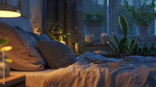 A serene bedroom with a cozy bed, softpillows, and dim lighting. A clock on thenightstand shows a late houremphasizing the importance of goodsleep habits. The room is quiet, with aslight blur on the e photo