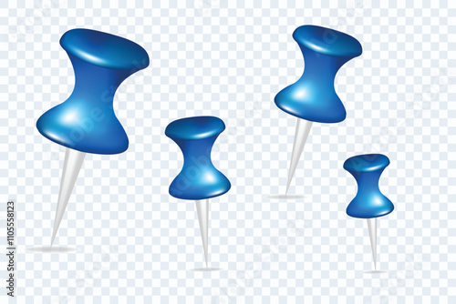 Pin set with shadow isolated on transparent background. Vector 3d blue plastic pushpins, sewing needles or board tacks for paper notice