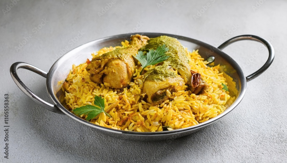 Spicy chicken biryani with herbs and spices served over yellow rice in a round, metal dish. Bottom view of the meal Spicy chicken biryani with herbs and spices served over yellow rice in a round, metal dish. Bottom view of the meal