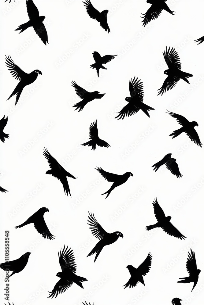 Fototapeta premium Black Silhouettes of Birds on White Background