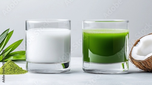 Two glasses of healthy drinks, one coconut milk and the other green smoothie, with ingredients. photo