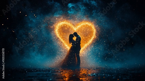 Couple s Silhouettes Forming Heart Shaped Dance Under Starry Glowing Swirling Dust Love Concept