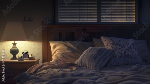 A serene bedroom with a cozy bed, softpillows, and dim lighting. A clock on thenightstand shows a late houremphasizing the importance of goodsleep habits. The room is quiet, with aslight blur on the e photo