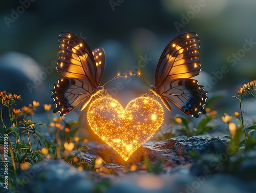 Glowing Butterflies Fluttering Around Radiant Heart Shaped Flower Symbolic Love Connection in Nature photo