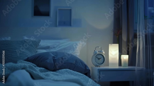 A serene bedroom with a cozy bed, softpillows, and dim lighting. A clock on thenightstand shows a late houremphasizing the importance of goodsleep habits. The room is quiet, with aslight blur on the e photo