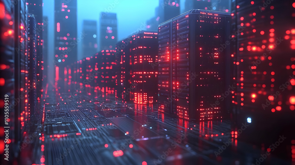 Naklejka premium Digital City: Servers Illuminate a Futuristic Datascape