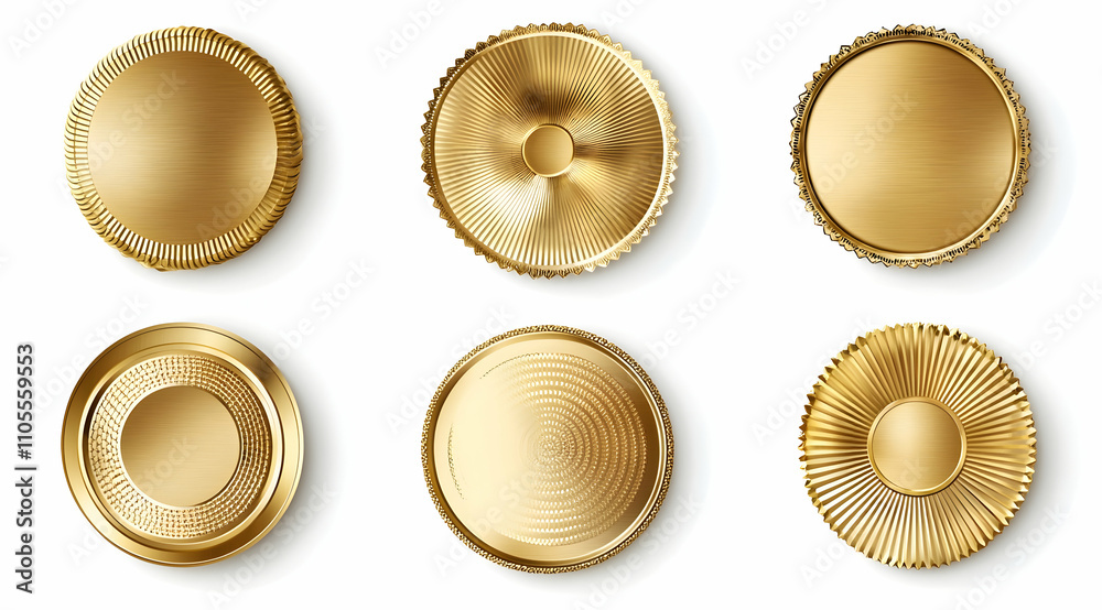 Set of golden round and oval labels, emblems or badge icons isolated on a white background with gold award medals in vector design. Set of golden round and oval labels, emblems or badge icons isolated on a white background with gold award medals in vector design.