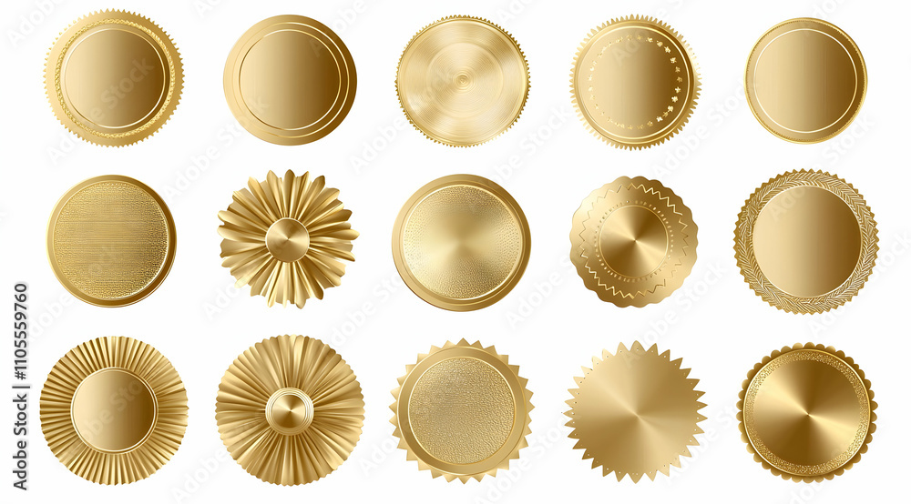Set of golden round labels, badges, and medal icons isolated on a white background. Set of golden round labels, badges, and medal icons isolated on a white background.