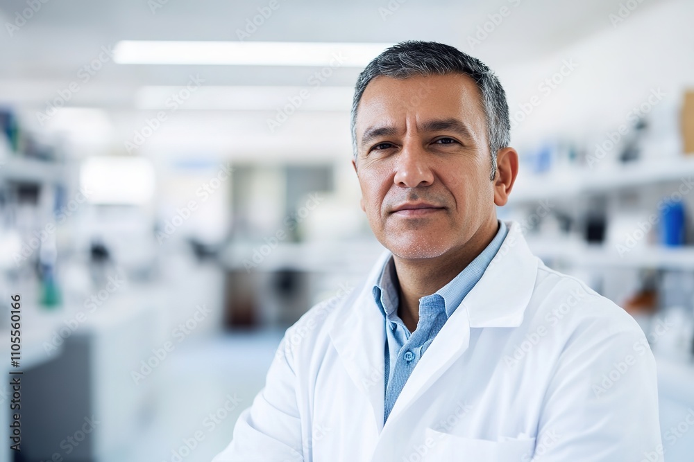 Confident male scientist in lab coat in laboratory Confident male scientist in lab coat in laboratory